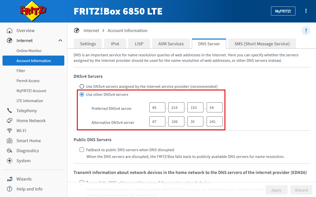 FRITZ!Box DNS server menu