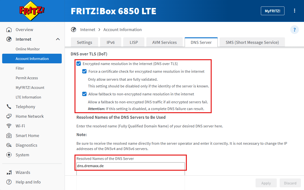 FRITZ!Box DNS-over-TLS option